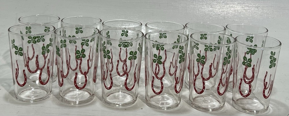 Vintage Lucky Horseshoe Shamrock Glasses Set of 12 Mid Century Barware Irish
