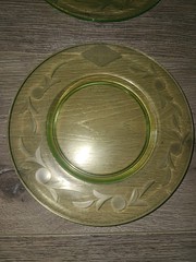 32 Piece Tiffin Etched Vaseline Glass Dinner Set – Lime Green Ribbed Stems RARE