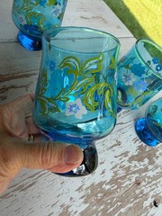 Libbey Blue Hand Painted Floral Drinking Glasses 12 Oz Mint Cond