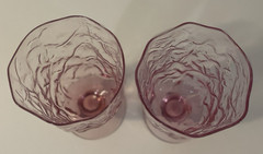 2 Crinkled Pink Glasses Morgantown Seneca Driftwood 12 oz Footed Tumblers VTG