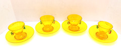 SET 4 Salviati Murano Yellow Art Glass Dessert Fruit Bowl Cups Saucer Venetian