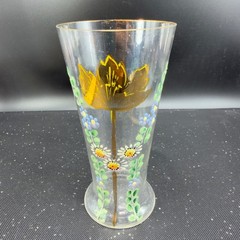 Antique Enamel Painted Floral Glass Tumblers Cups Tulip Daisy Gold Rim Set 3 VTG