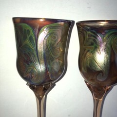 Lot of 2 Chalice 9inch FISKE [US b 1949] Dichroic Iridescent Floriform Art Glass
