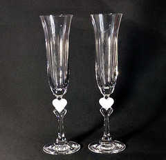 GORHAM AMORE HEART CHAMPAGNE TOASTING FLUTES, Frosted Crystal, 10″, Germany, 2PC
