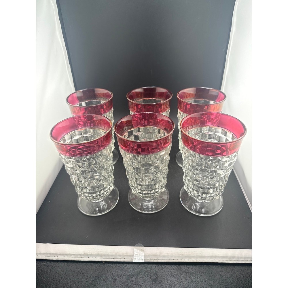 Vintage Colony Whitehall Ruby Flash Footed Glasses Set of 6 Indiana Glass Cubist