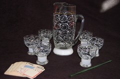 RARE VTG MCM ATOMIC SWIRL COCKTAIL BAR SET PITCHER 6 GLASSES BLK/WHT by SINCLAIR