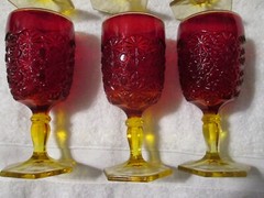 Smith Amberina Glass Water Goblet Daisy & Button Hexed Foot Circa 1940 – 1960