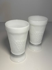 Unmarked White Milk Glass Grape Pattern Footed Goblets, Set of 2