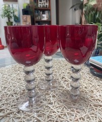 RETRO Italian Hand Blown Red Wine Water Glasses Crystal Clear Bubble Stem GREAT