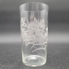 Vintage Depression Clear Etched Floral Marigold Drinking Glass Highball Tumbler