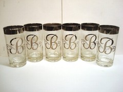 Vitreon Queens Lusterware MCM 6 Silver Monogram B Highball Glass Tumblers Vtg