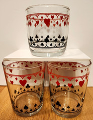 Vintage set 3 Schwartz Mustard Glass Tumbler Playing Card Drink 70’s Dominion