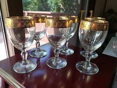 6 Wine Goblet Glasses 5-3/4″ J PREZIOSI LAVORATO A MANO 22k Gold Lattice diamond