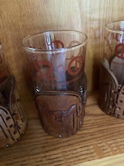 Libbey Bamco Western Highball Glasses 5″ Tooled Leather Sleeves Bull Cattle
