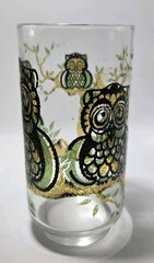 VTG Set Of 6 Libbey Tumblers Glasses MCM Owls Yellow Green Stained Glass Style