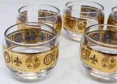 Culver Punch Bowl Fleur-De-Lis 10 Roly-Poly Glasses Metal Stand & Ladle 22K Gold