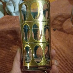 2pc Clear Glass Tumbler & Rocks Glass Set Gold Overlay Oval Geometric Pattern