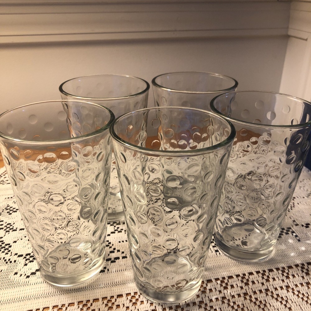 Libby Awa Glasses Dot Pattern Optic 6″ Tumblers Dimple Tea Water Lot of (5)