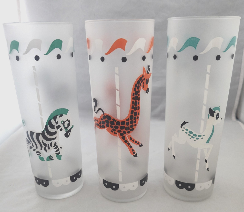 Vintage Libbey Carousel Frosted Glasses 1950’s Zebra Giraffe Deer (D9)