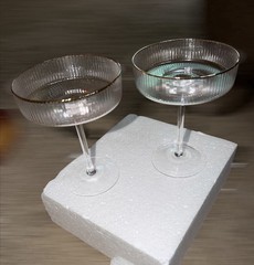 Vintage Art Deco Gold Rim Ribbed Coupe Clear Goblet Glasses Set of 2 ~ 8 Oz