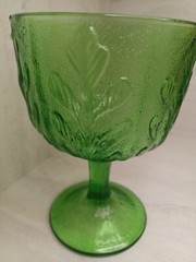 Vintage 1975 Antique FTD Avocado Green Glass Goblet Embossed Oak Leaf Glassware