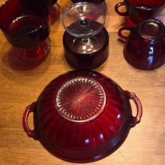 Ruby Red Glass Drinkware Set Footed Glasses Cups & Handled Bowl Clear Glass