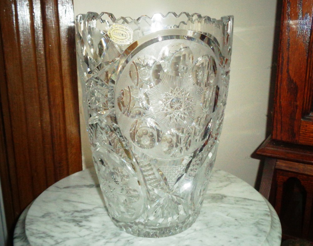 Bohemia Hand Cut Lead Crystal Sawtooth Rim Vase made in Czechoslovakia 10 inch