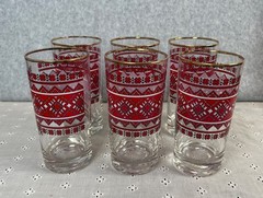 Vintage Libbey Ukrainian Red Stitch Pattern Hiball Glasses Set 6 Gold Rim