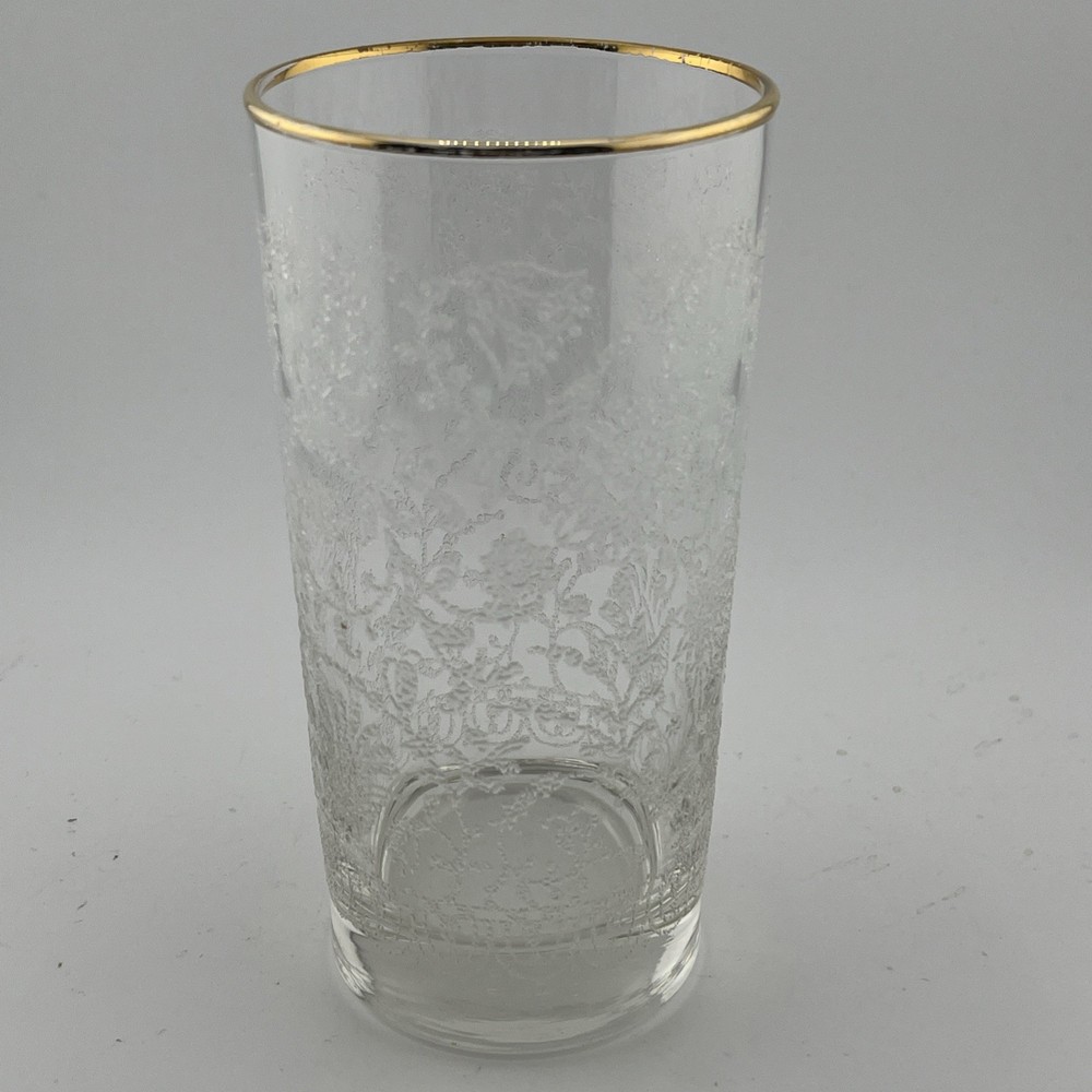 Vintage Libbey Icy Lace Garden Floral Tumbler Glass Gold Rim 5.5”