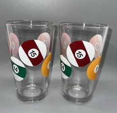Vtg 16 oz. Billiard Pool Ball Tall Glasses Glassware Bar Retro Set of 2