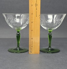 6 Rare Vintage Clear Etched Glass Champagne Glasses Green Stems Leaf Dot Design