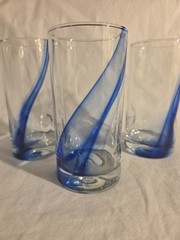 Clear Art Glass Dimpled Blue Swirl 6”H Tumbler Drinking Glasses Set of 3- Mint