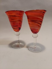 Blown Glass Art Glass Red Swirl 8” Stemmed Goblets Set Of 2