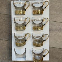 Greek Key Continental Coffee Cup/Mug by Libbey 60s Art Deco Gold Metal Set of 7