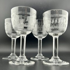 Antique Greek Key Etched Wine Sherry Cordials Set 4 c1900 EAPG 4⅛» Edwardian