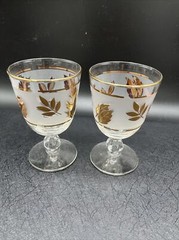 FOUR Libbey GOLDEN FOLIAGE 5.5″ Stemmed Goblet Mad Men MCM VTG Oak Gold Leaf