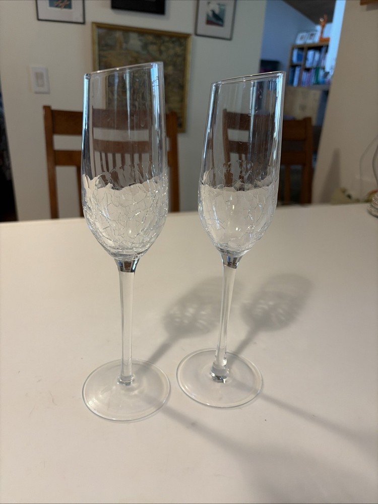 Set of 2 PIER 1 Angled Rim Crackle Clear 10″ Fluted Champagne Glasses Slanted