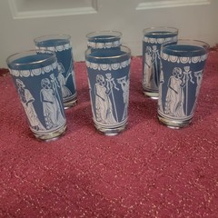 Vintage Jeannette Glass Hellenic Greek Blue And White Glasses Set Of 6
