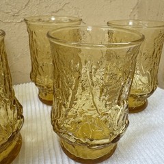 VTG Set Of 7 Anchor Hocking Rain Flower Amber Flat Tumbler Juice Glasses 6 Oz.