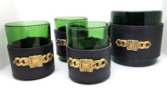 VTG Italy Green Glass LEATHER Bound COAT OF ARMS 1 Bookend 3 ROCKS GLASSES MCM