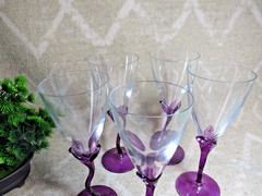 Set 5 Clear Wine Glasses with Purple Amethyst Tulip S- Shaped Stem Base