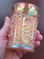Electric Marigold Intaglio Cherry Terry Crider Art Glass Carnival Glass Tumbler