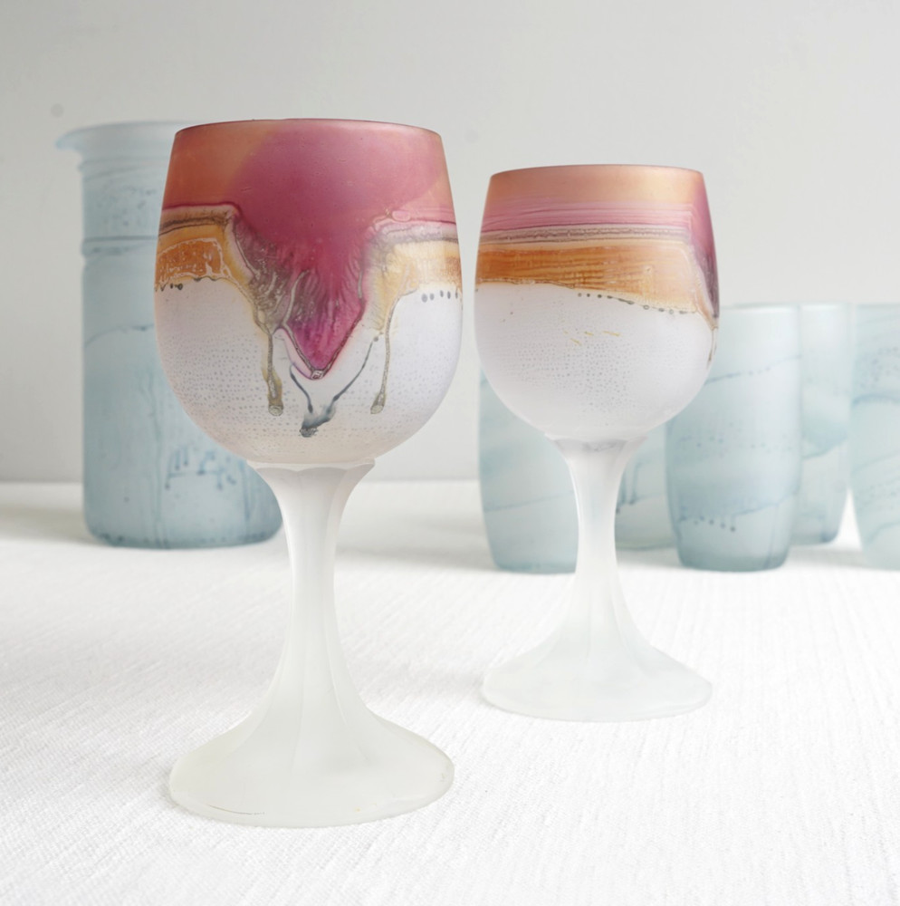 (2) Rueven Art Nouveau Glass Goblets Purple Drip Satin Hebron Phoenician