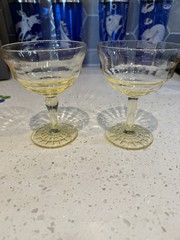 TWO Anchor Hocking Ripple Optic Yellow Tall Sherbet Champagne Stem Block Foot