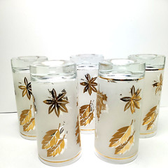 Libbey Vintage Starlyte Tall Barware 5 1/2″ Glases Frosted Gold Leaf MCM ( 5)