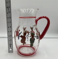 Pottery Barn Retired Christmas Reindeer Glass Pitcher & 8 Goblets Hand Painted