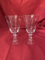 2 Petite By Duncan&Miller BLOWN GLASS Juice Glasses Etched Flowers&Leaves 5-1/8”