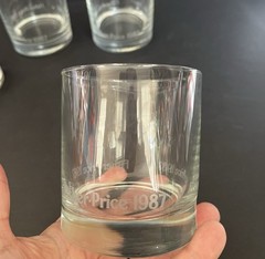 VTG Fisher-Price Toy Co Clear Etched Glass Drink Glasses 4 Pc Whiskey Glass 1987