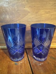 Colbalt Cut To Clear 5.5” Tall Tumbler Diamond Star Fan Pattern Vintage Set Of 2