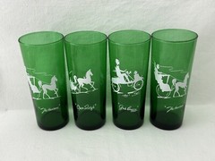 Set Of 4 Forest Green Anchor Hocking Highball Glasses Buggy Hansom Open Sleigh